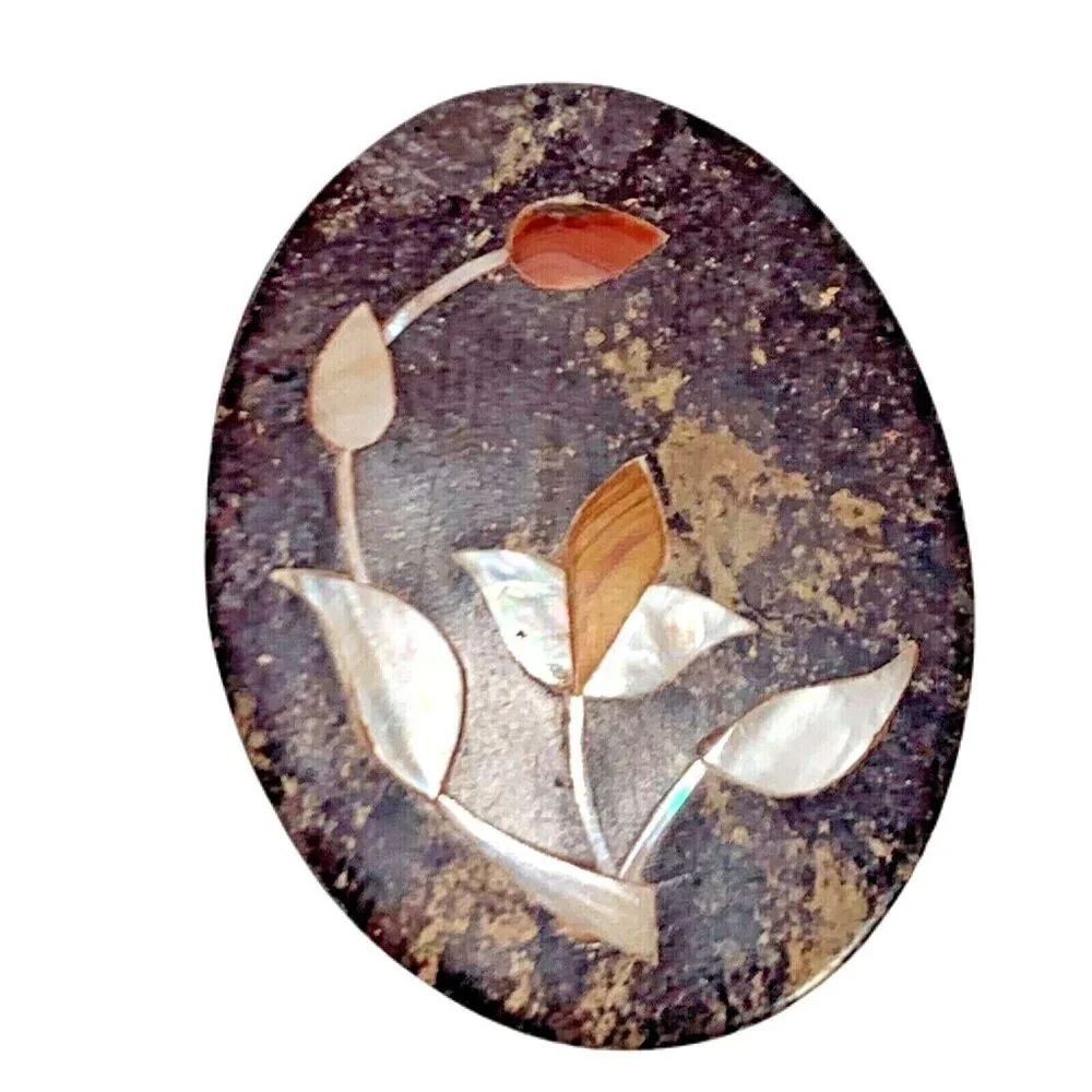 Vtg Handcrafted Sandstone Trinket Box Oval Floral Mother of Pearl Inlay India